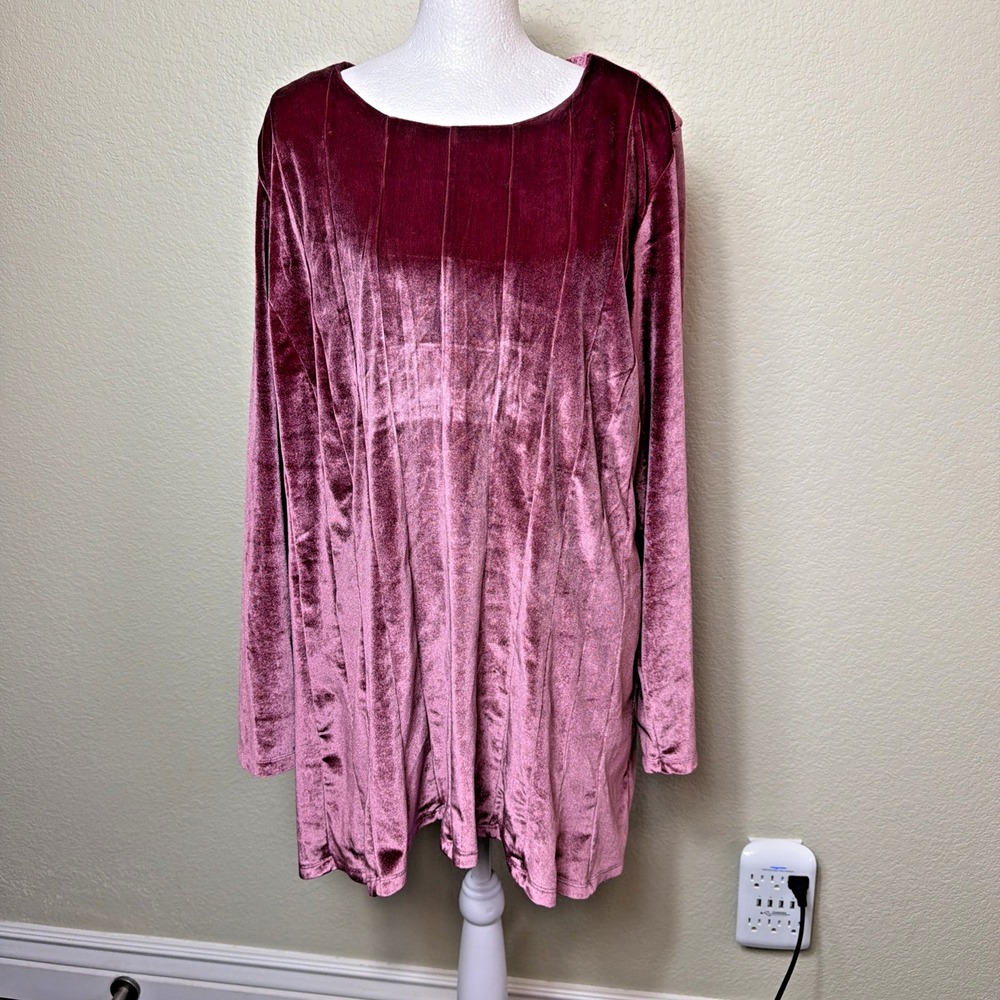 Soft Surroundings Blouse 1X Mauve Plum Velvet Tunic Top Pleated Holiday Stretch
